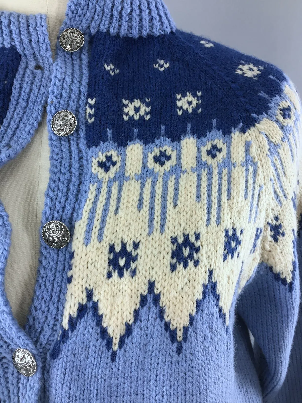 Vintage 1970s Cardigan Sweater / Blue Fair Isle Nordic Wool