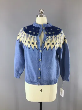 Vintage 1970s Cardigan Sweater / Blue Fair Isle Nordic Wool