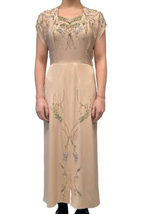 Vintage Forties Tan Beaded Maxi Dress