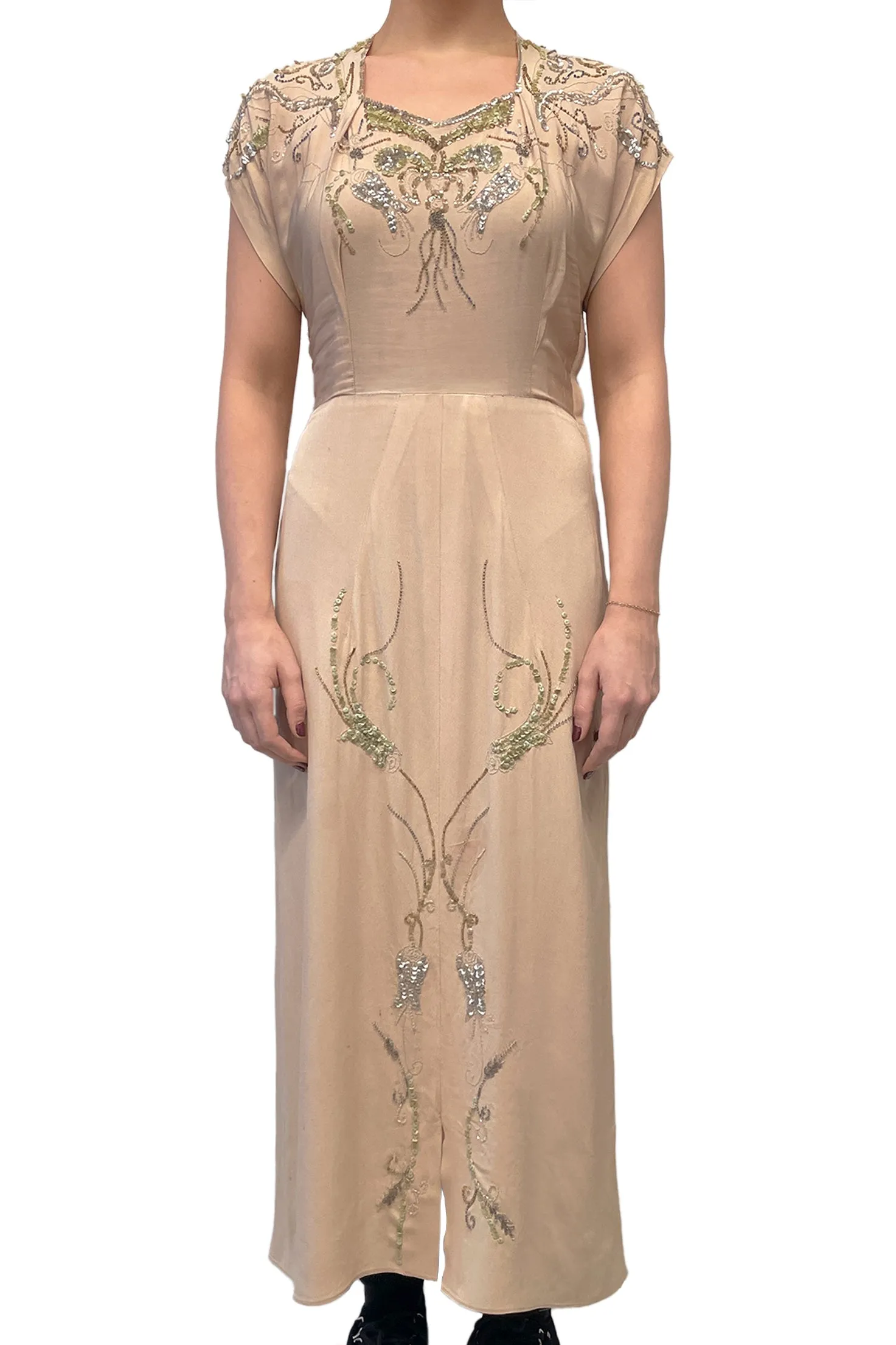 Vintage Forties Tan Beaded Maxi Dress