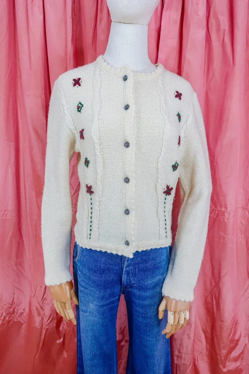 Vintage Jumper- Embroidered Diamond and Poppy Cream Cardigan- Size XS/S