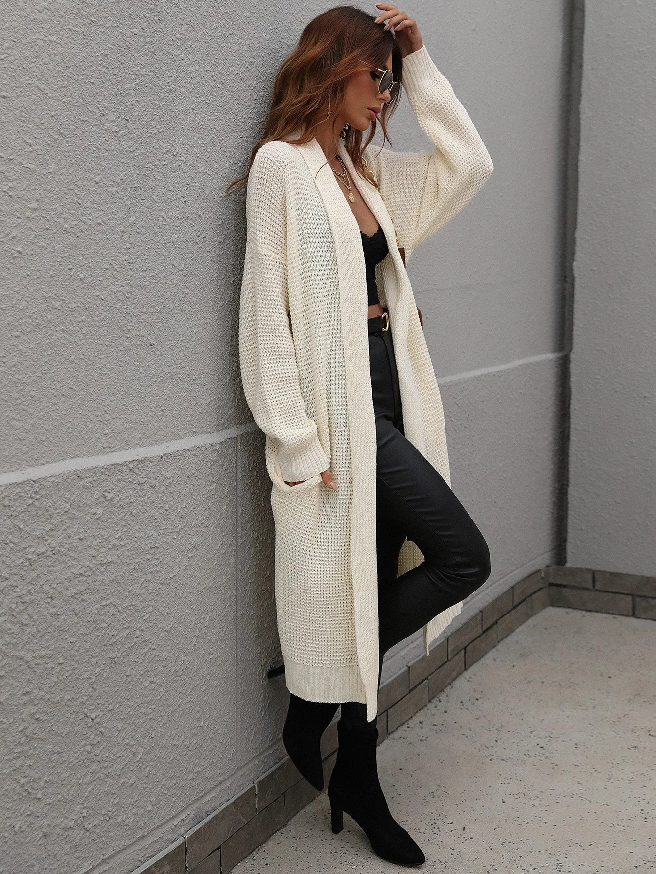 Waffle Knit Open Front Duster Cardigan With Pockets in Black, Red, Cream, Sienna, or Lavender