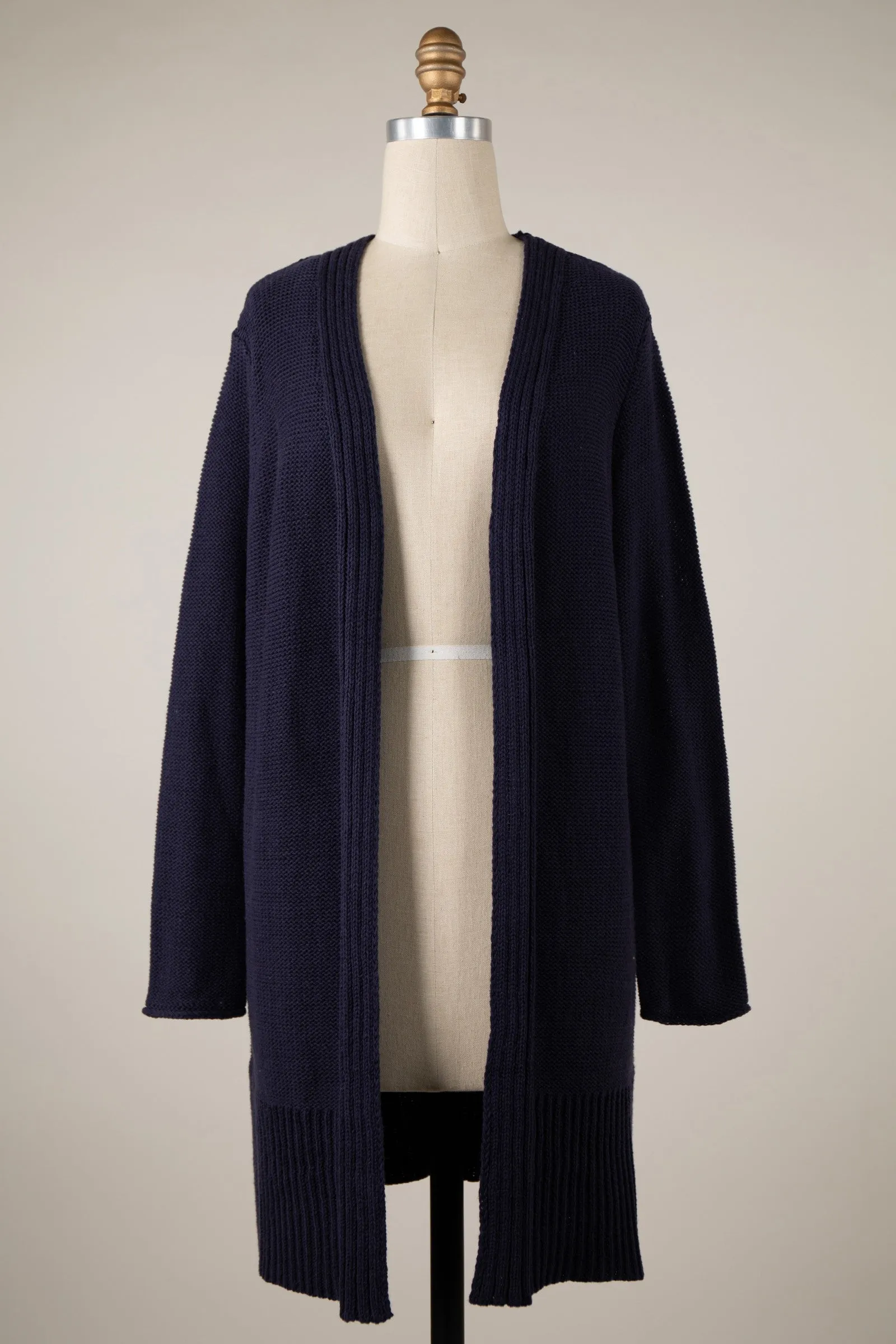 Waffle Knit Ribbed Trim Smooth Cardigan