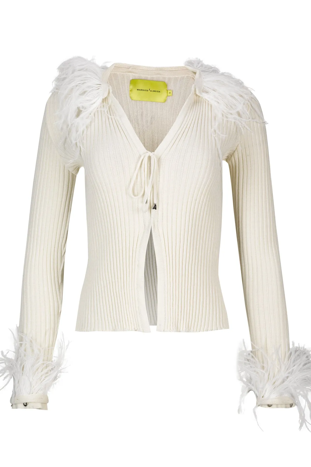 WHITE MERINO WOOL CARDIGAN WITH FEATHERS