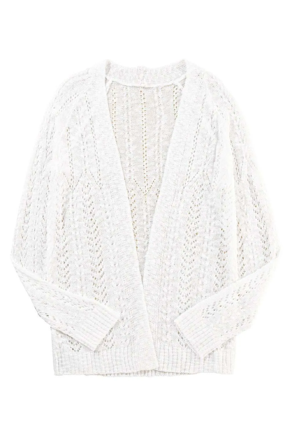 White Solid Color Hollow Knit Open Front Cardigan