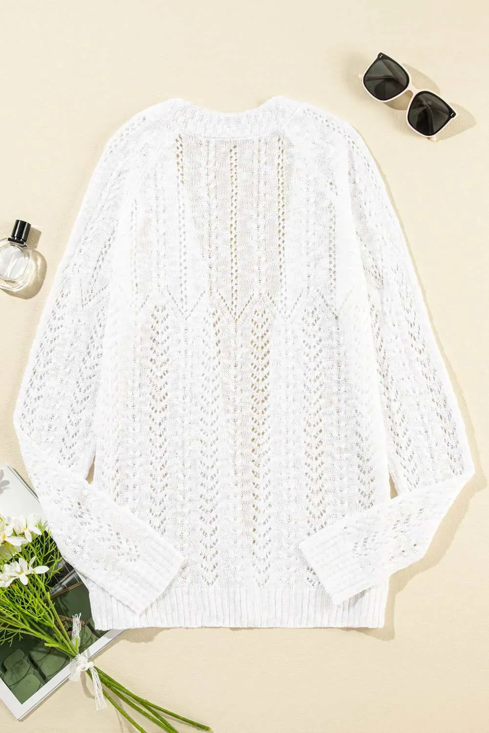 White Solid Color Hollow Knit Open Front Cardigan