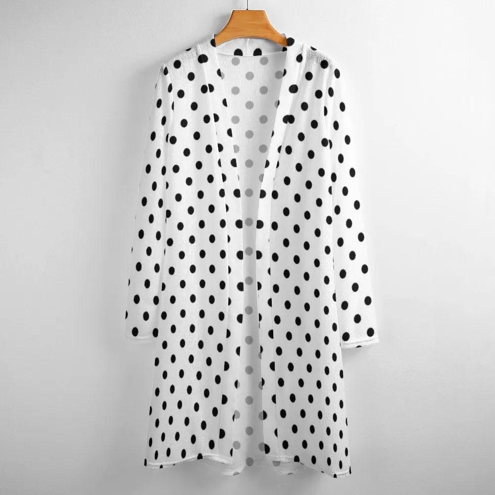 White With Black Polka Dots Women's Mid-Length Cardigan