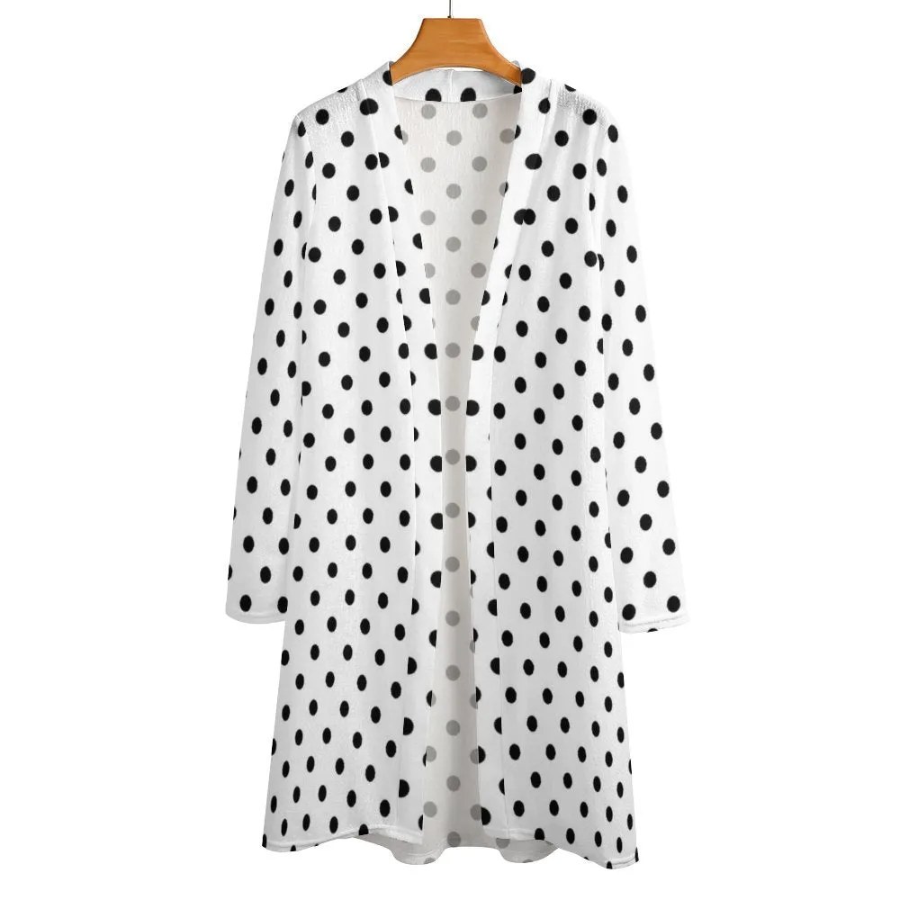 White With Black Polka Dots Women's Mid-Length Cardigan