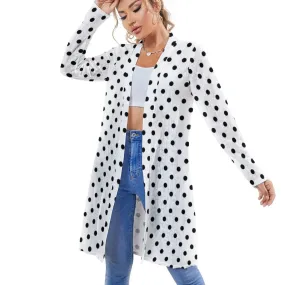 White With Black Polka Dots Women's Mid-Length Cardigan