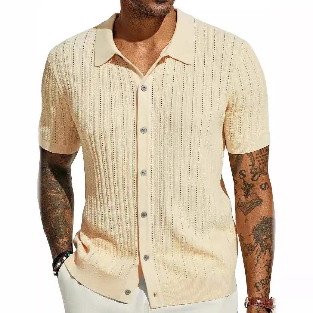 Wiaofellas  -  Men Knitted Shirt Short Sleeve Tee Lapel Shirt Male Summer Lapel Cardigan Breathable Single Breasted Knitted Top