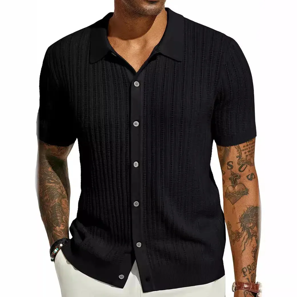 Wiaofellas  -  Men Knitted Shirt Short Sleeve Tee Lapel Shirt Male Summer Lapel Cardigan Breathable Single Breasted Knitted Top