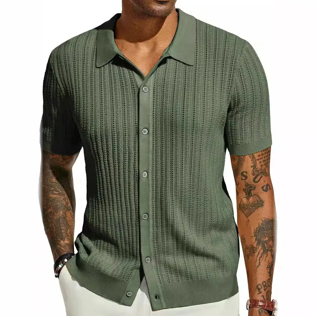 Wiaofellas  -  Men Knitted Shirt Short Sleeve Tee Lapel Shirt Male Summer Lapel Cardigan Breathable Single Breasted Knitted Top