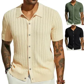 Wiaofellas  -  Men Knitted Shirt Short Sleeve Tee Lapel Shirt Male Summer Lapel Cardigan Breathable Single Breasted Knitted Top