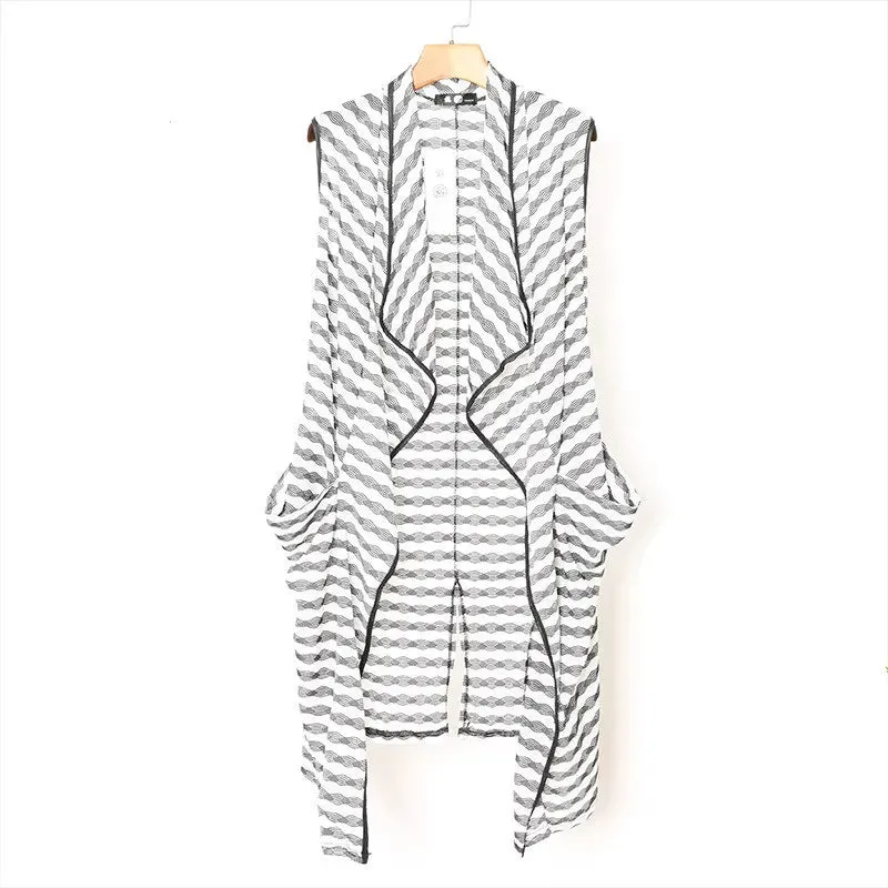 Wiaofellas  -  Summer Hollow Out Breathable Striped Long Vest Cardigan Men Women Korean Fashion Long Cloak Sleeveless Jacket