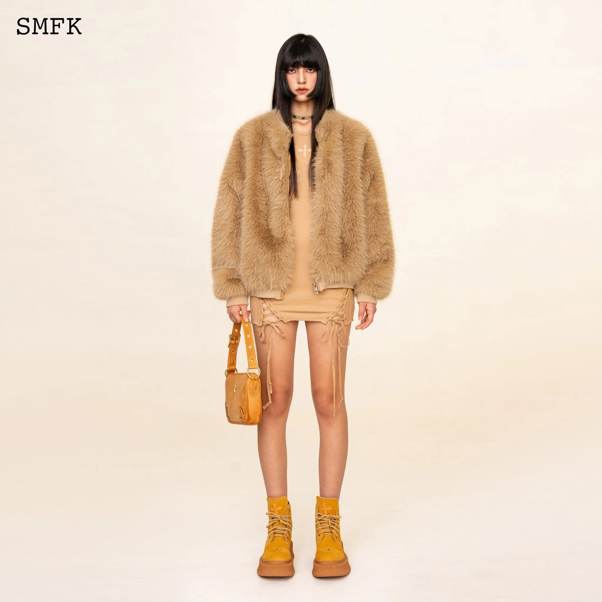 WildWorld Baseball Faux Fur Jacket In Wheat