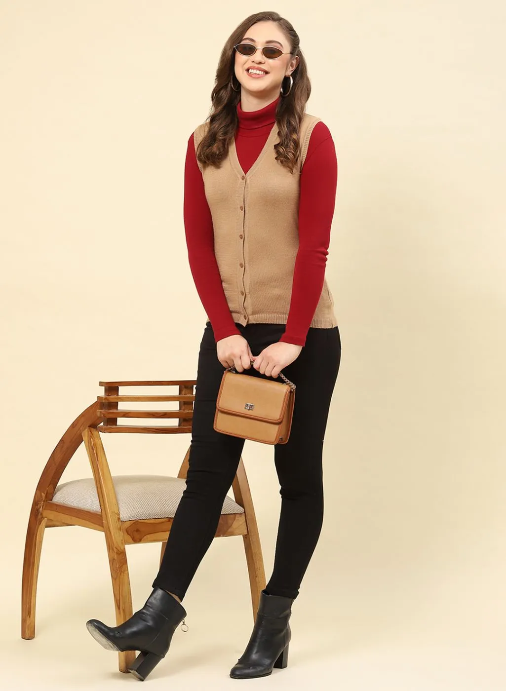 Women Camel Brown Solid Modal Nylone Cardigan