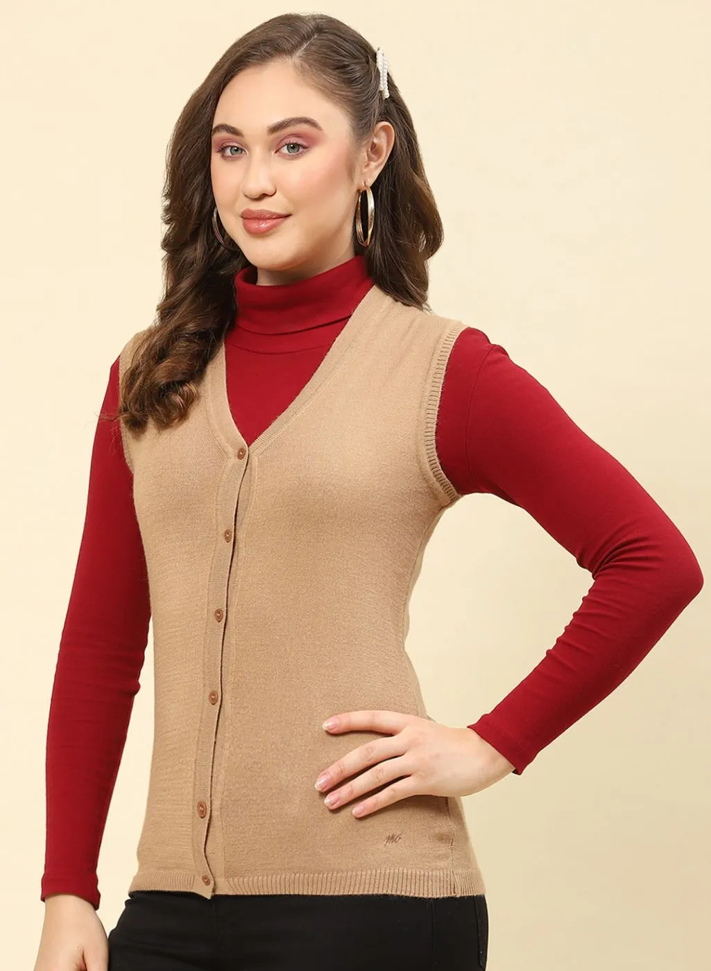 Women Camel Brown Solid Modal Nylone Cardigan