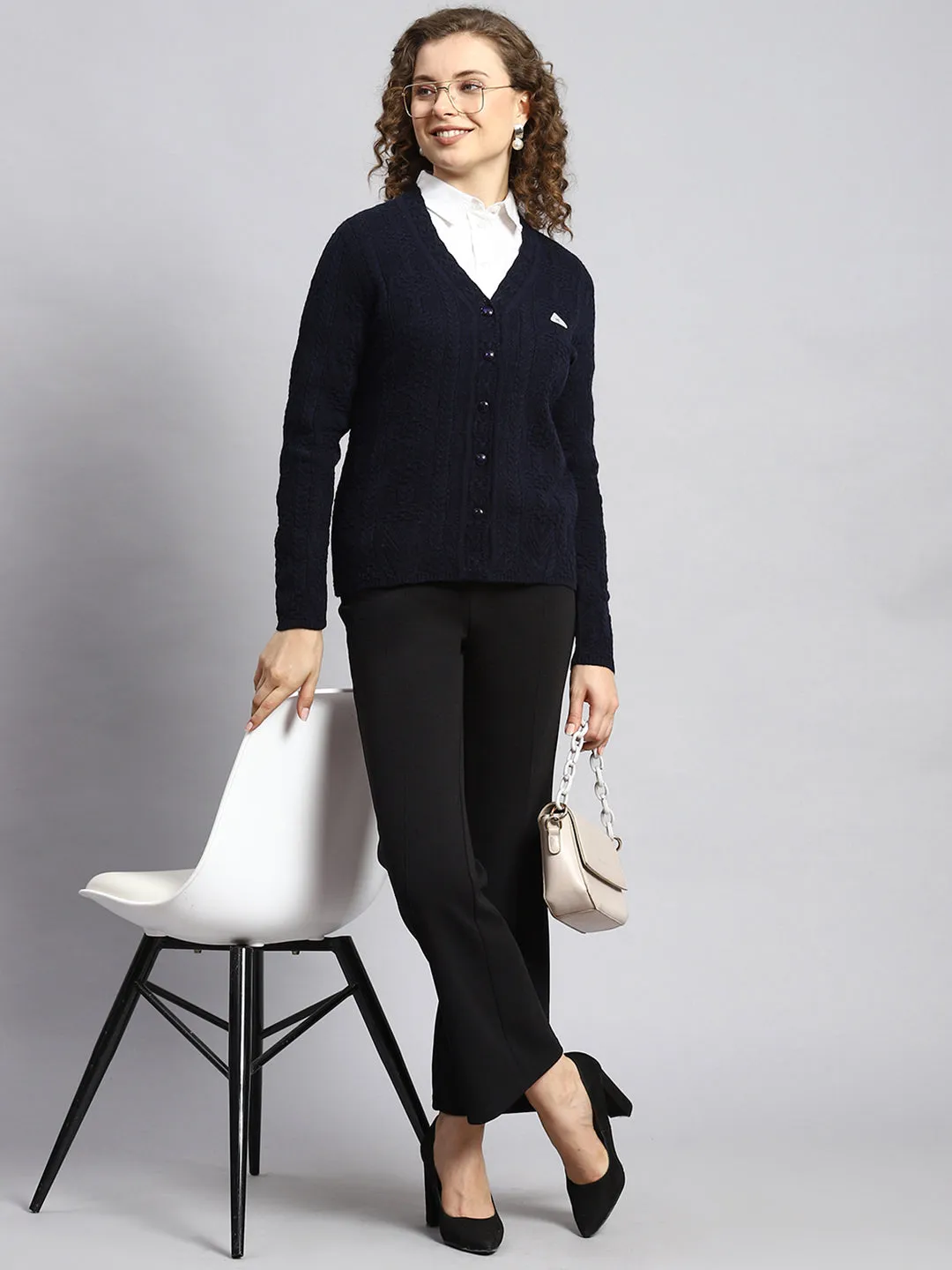 Women Navy Blue Self Cardigan