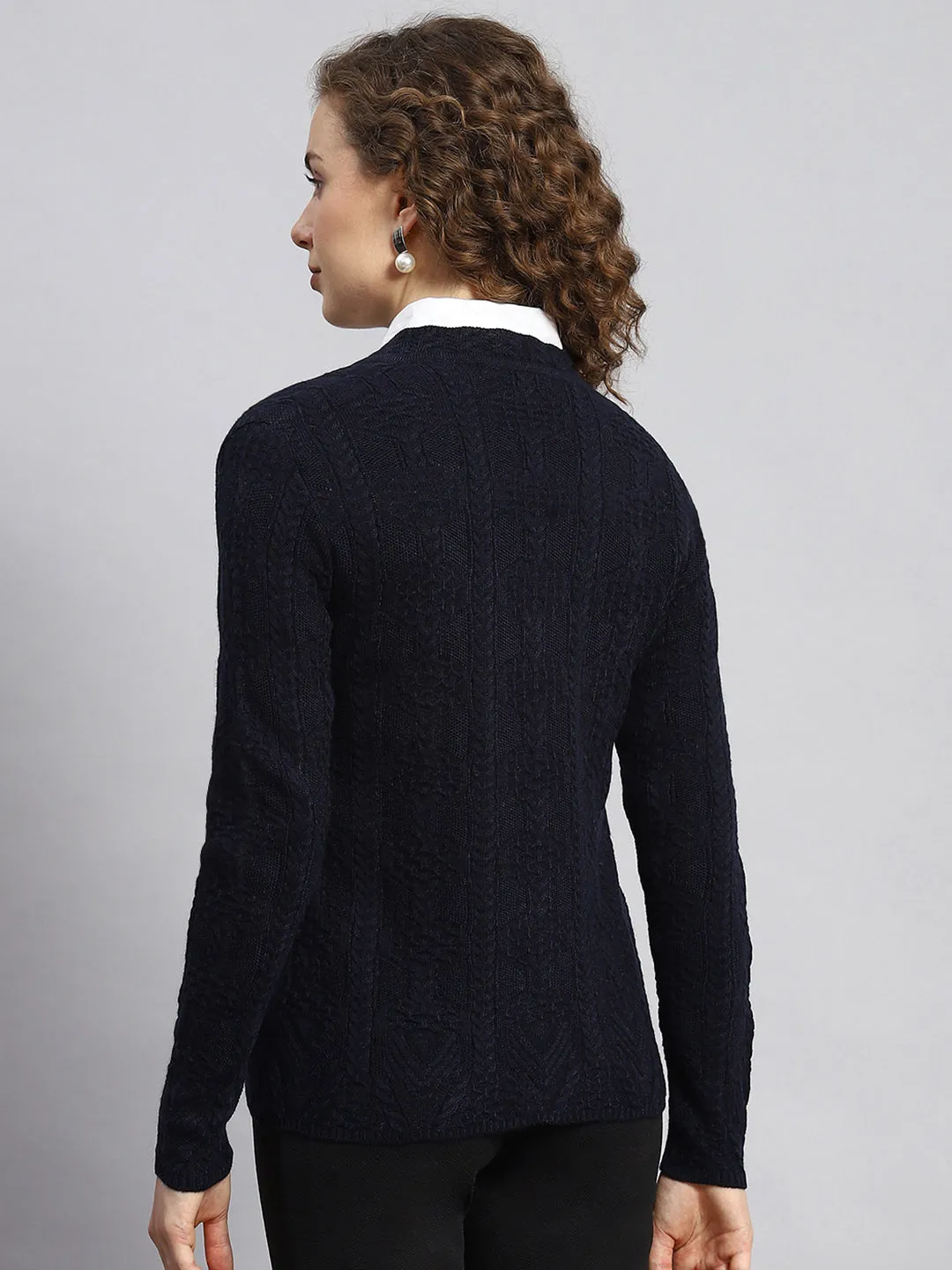 Women Navy Blue Self Cardigan