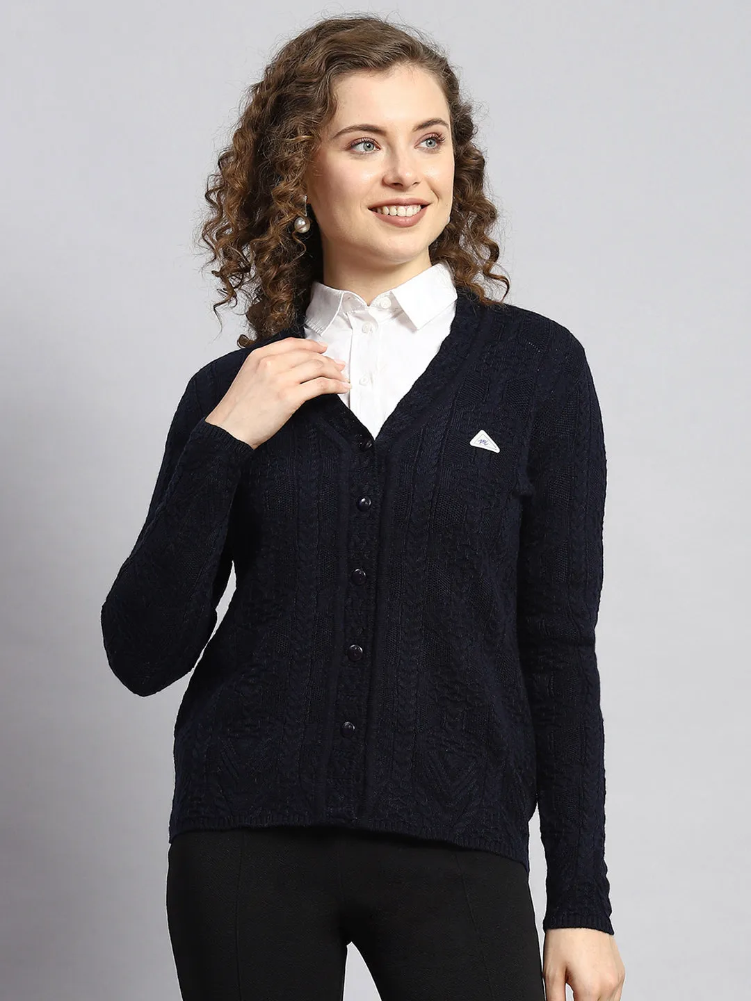 Women Navy Blue Self Cardigan