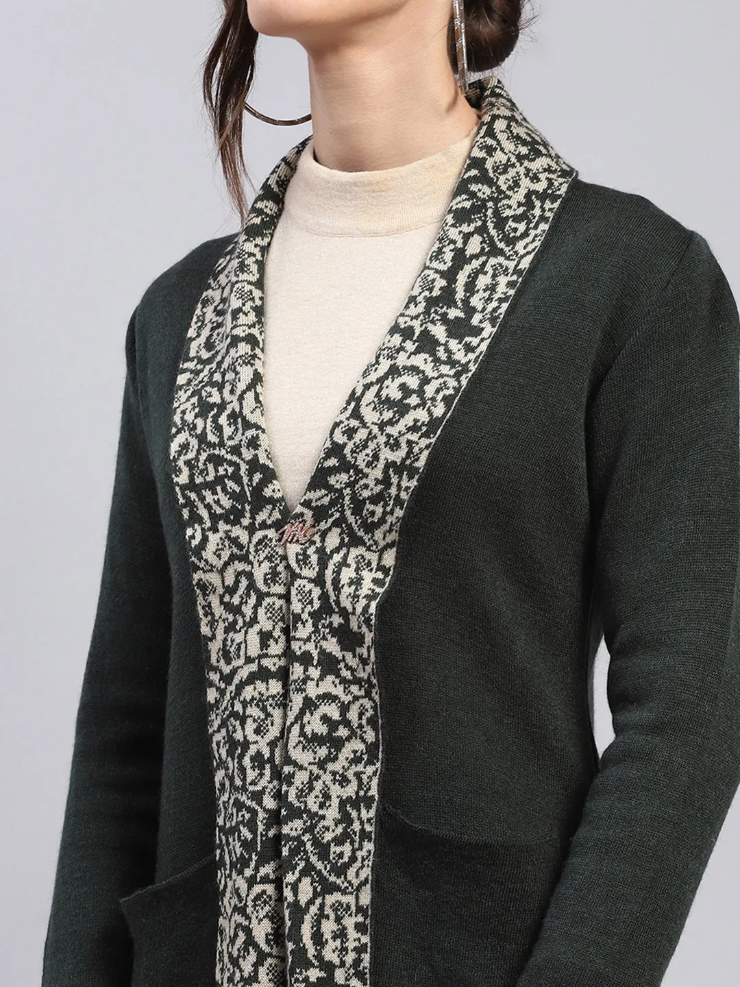 Women Olive Printed Notch Lapel Collar Full Sleeve Cardigan