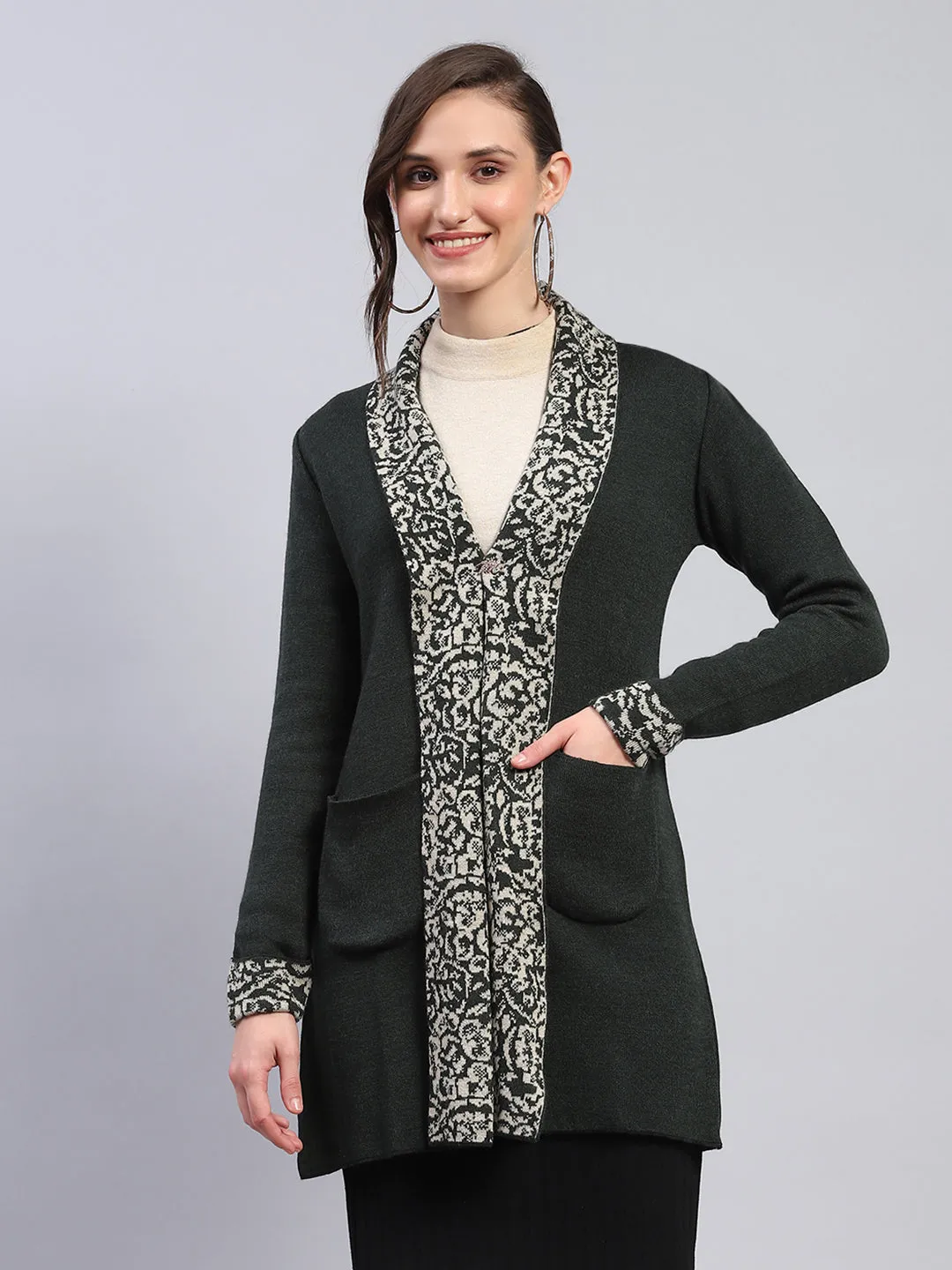 Women Olive Printed Notch Lapel Collar Full Sleeve Cardigan