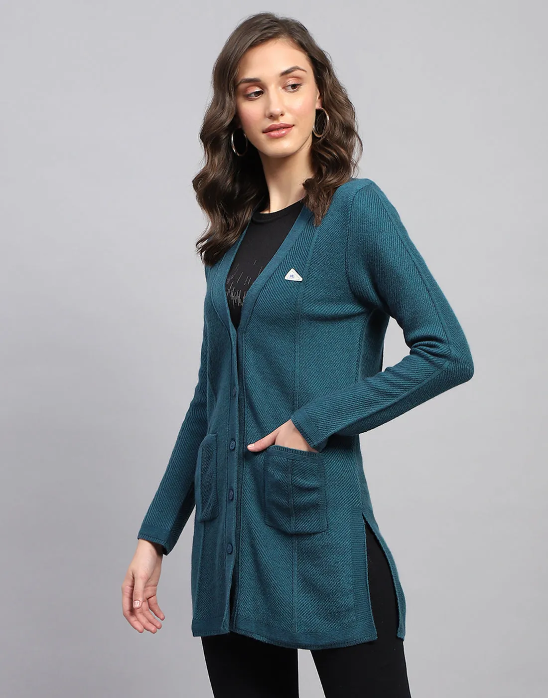 Women Teal Blue Self Design V Neck Full Sleeve Cardigan