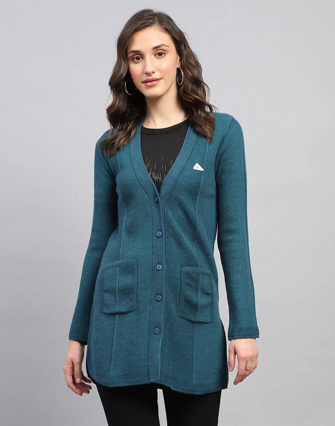 Women Teal Blue Self Design V Neck Full Sleeve Cardigan