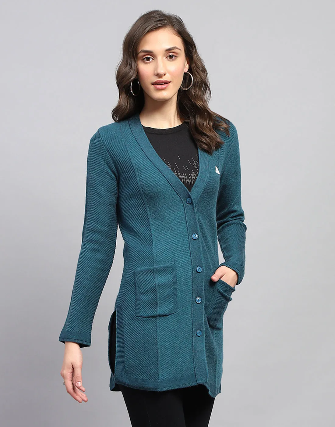 Women Teal Blue Self Design V Neck Full Sleeve Cardigan