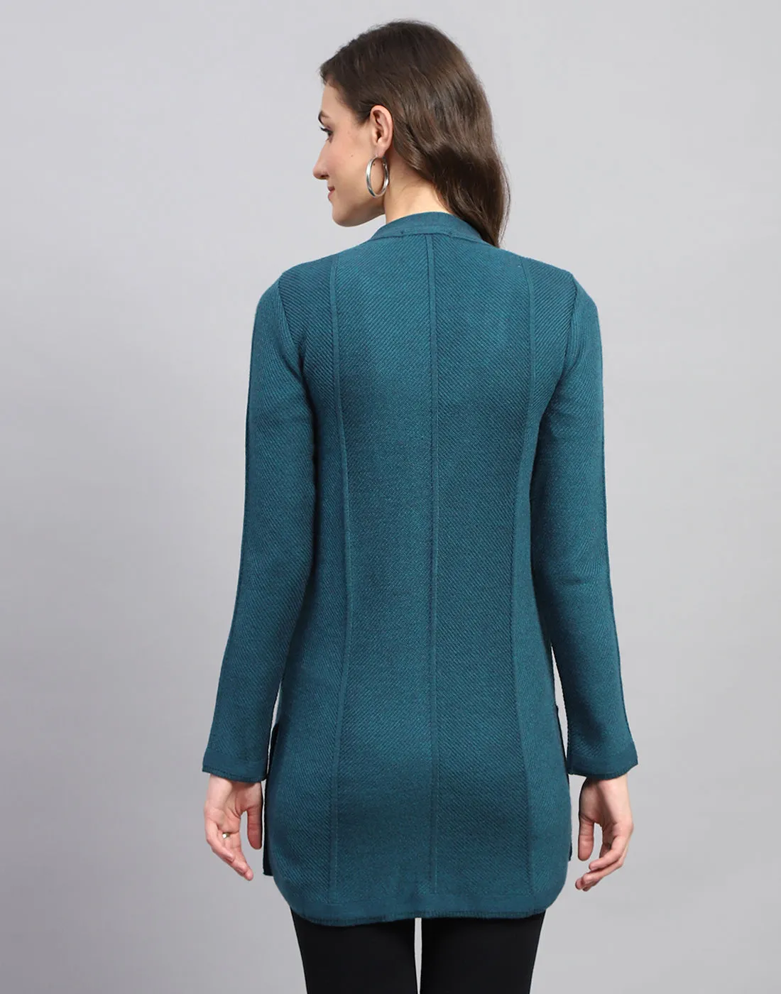 Women Teal Blue Self Design V Neck Full Sleeve Cardigan