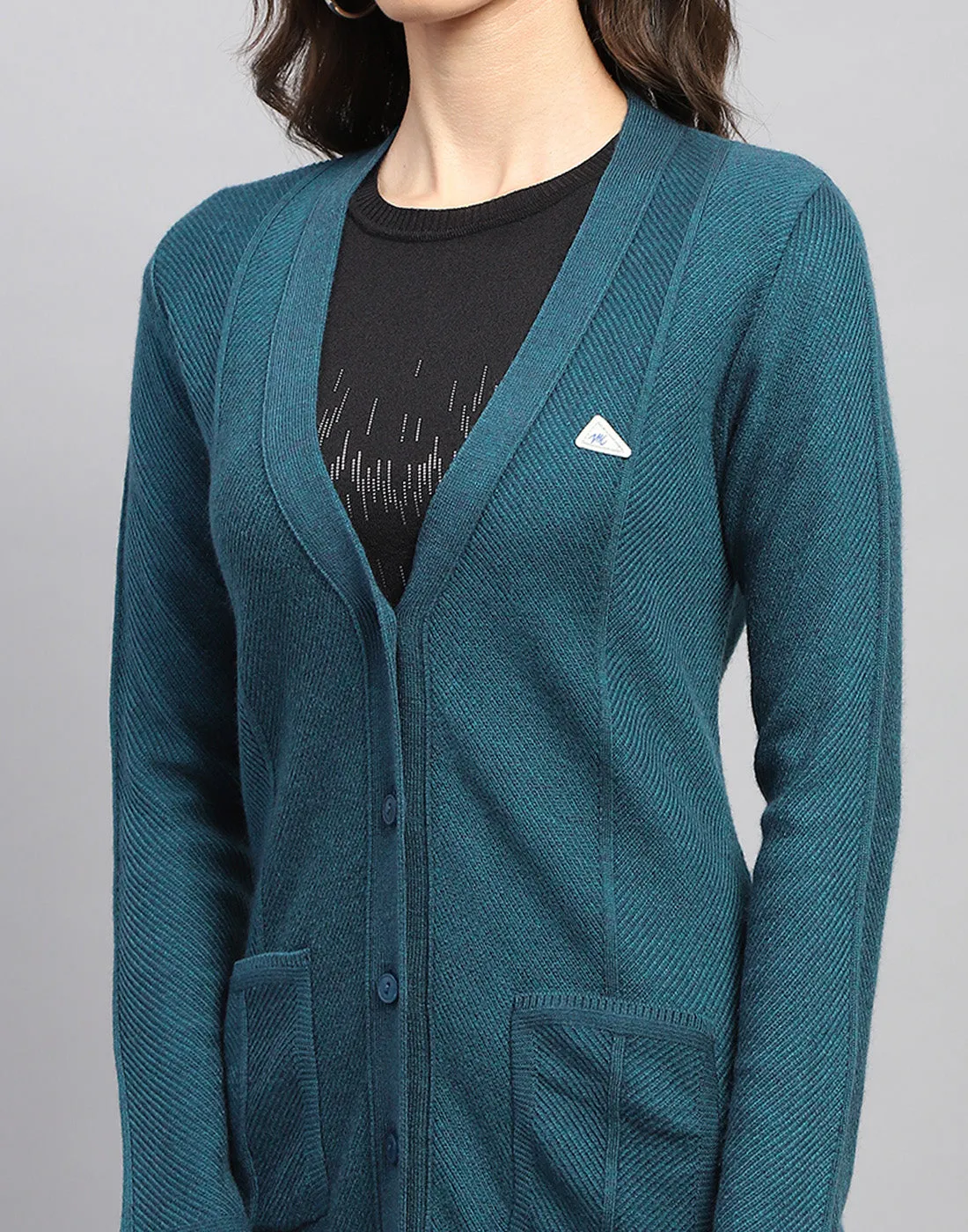 Women Teal Blue Self Design V Neck Full Sleeve Cardigan