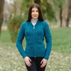 Women's Aran Knit Double Collar Zipped Cardigan, Teal