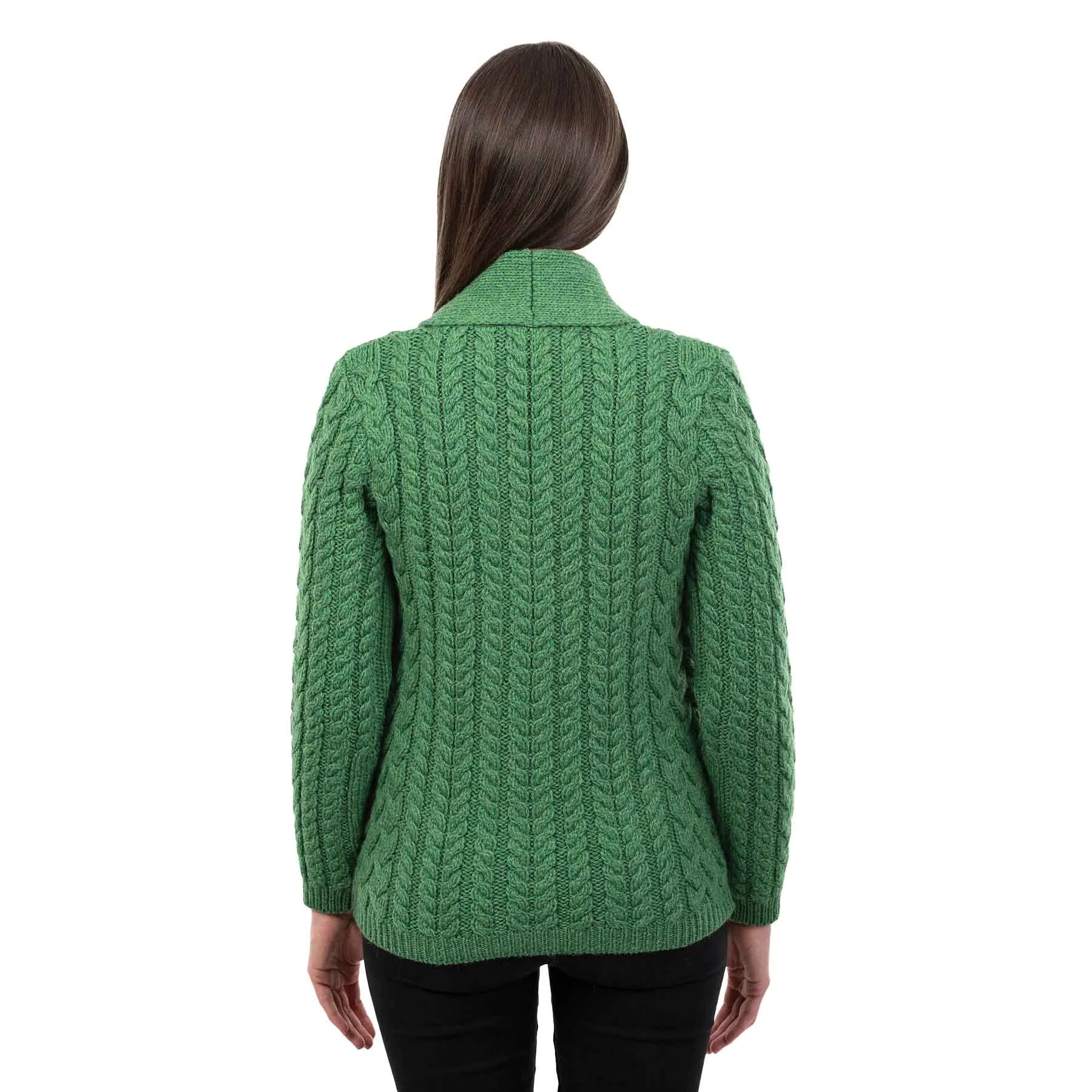 Women's Aran Knit Shawl Neck Cardigan, Green