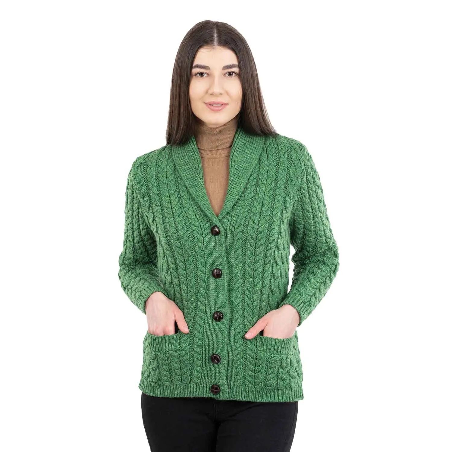 Women's Aran Knit Shawl Neck Cardigan, Green