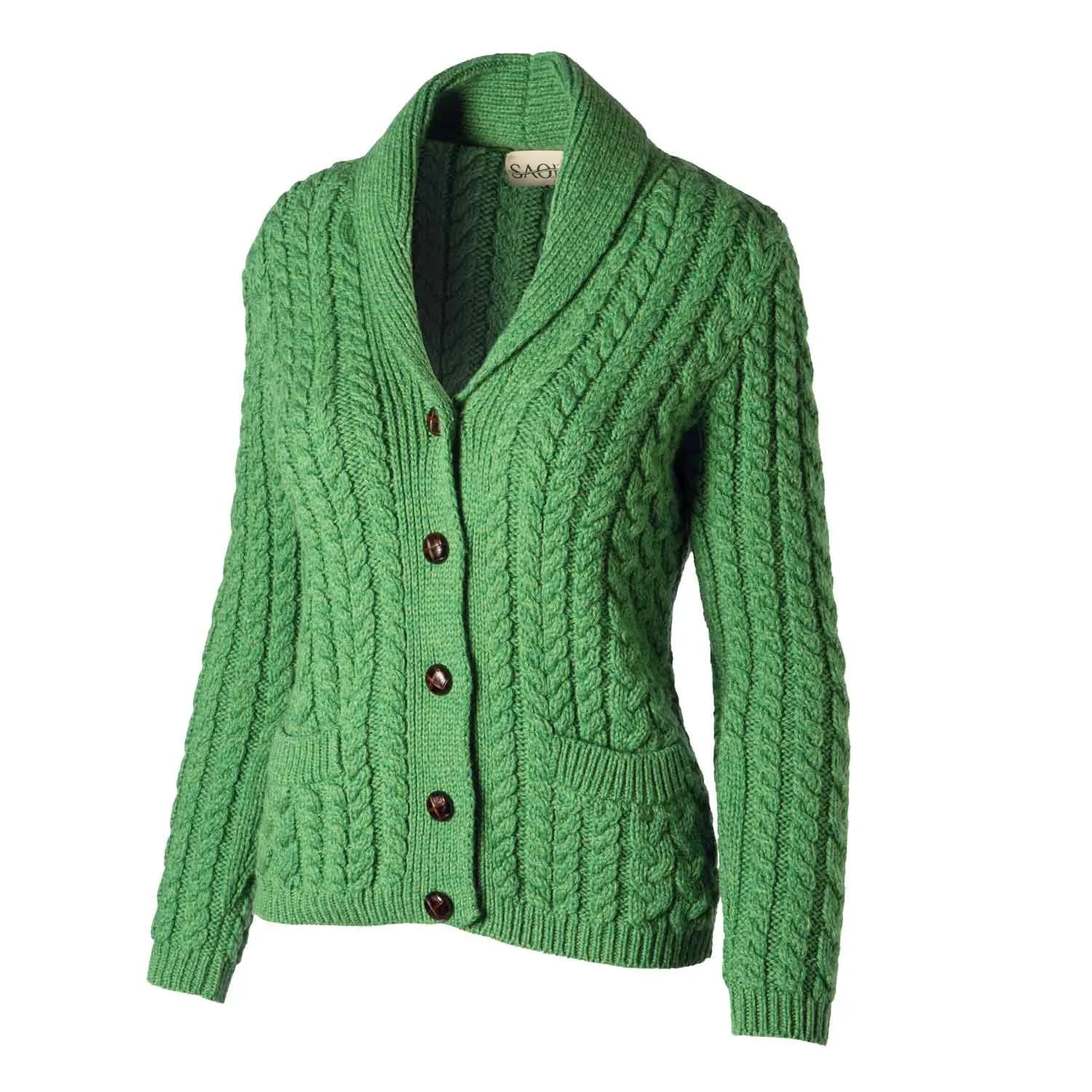 Women's Aran Knit Shawl Neck Cardigan, Green