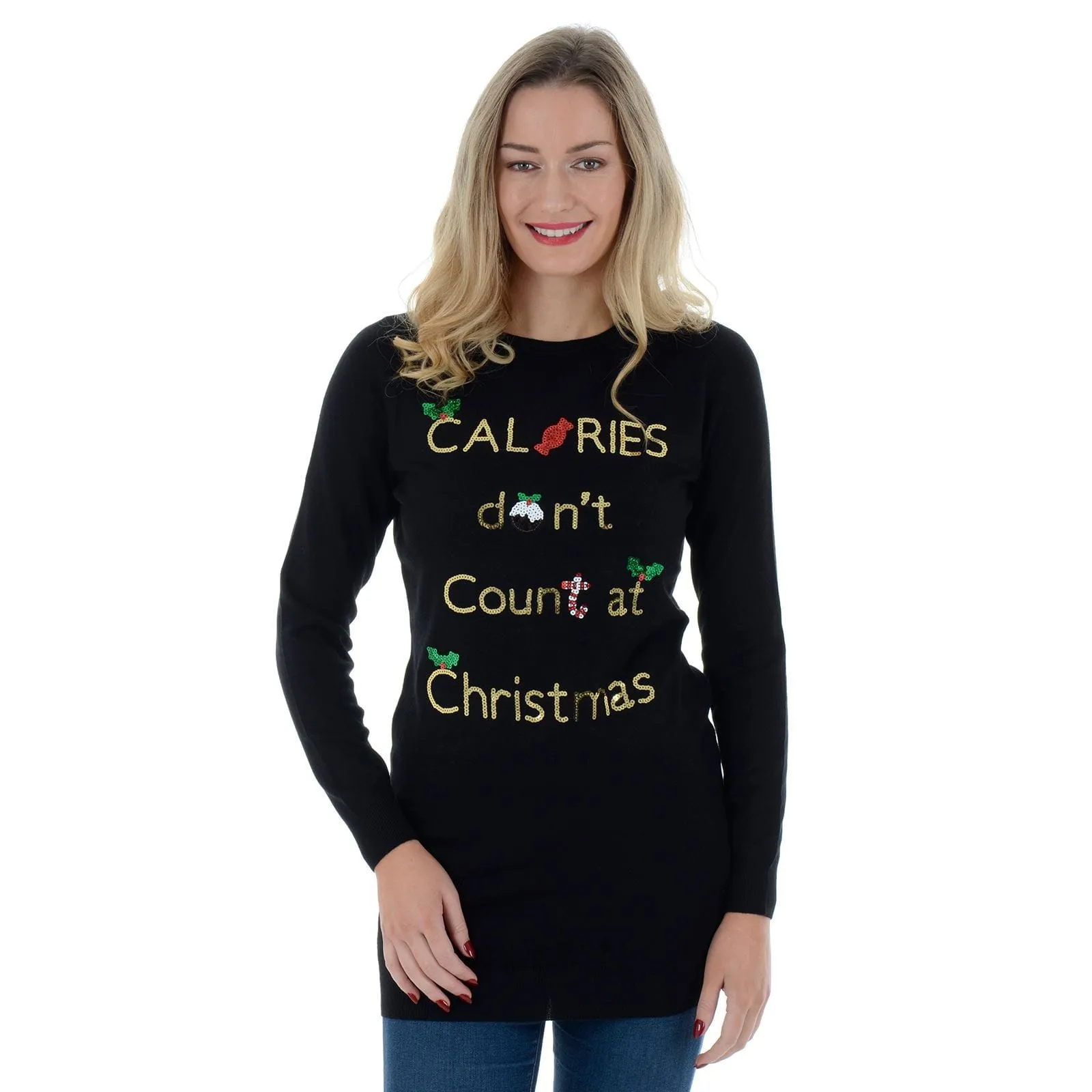 Womens Novelty Calories Don't Count At Christmas Tunic Jumper