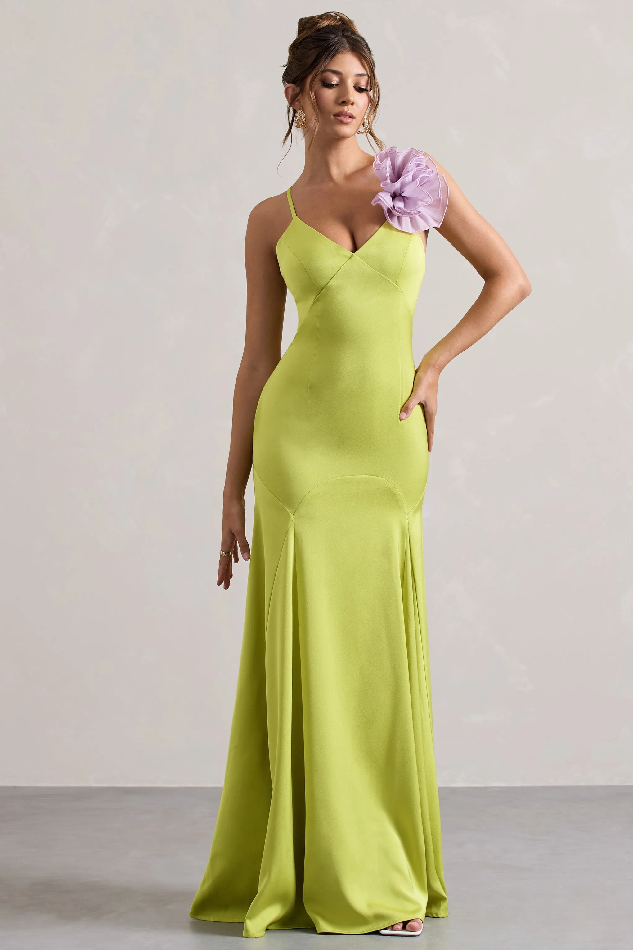 Zamora | Lime Green Plunge-Neck Fishtail Maxi Dress With Corsage